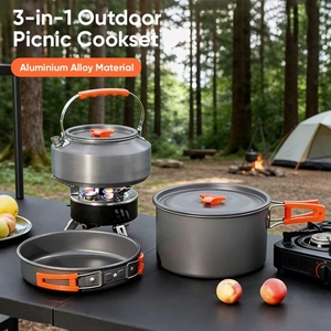 Juego de Utensilios de Cocina Portátil 3 en 1 de Aluminio para Camping, Kit de Cocina Ligero para Exteriores, Juego de Ollas y Sartenes Compacto para Senderismo, Picnic y Excursionismo - Product Image 1
