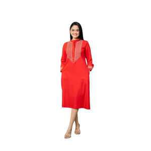 Wholesale Rate <b>Chinese</b> Collar Embroidered Cotton Midi <b>Dress</b> <b>Red</b> Elegant for Women - Product Image 2