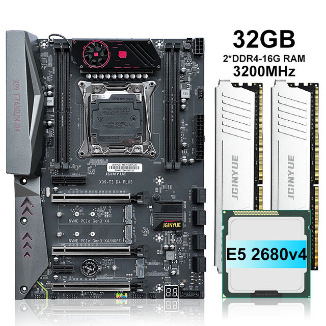JGINYUE X99-TI D4 PLUS Motherboard Kit E5-2680V4 CPU 32GB 3200MHZ RAM DDR4 LGA 2011-3 X99 Motherboard Combo