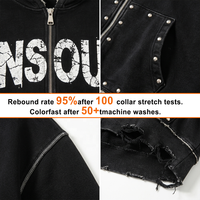Sweat à capuche zippé surdimensionné pour homme en coton épais 100% délavé et vieilli, avec imprimé craquelé et détails rivets, style streetwear personnalisé