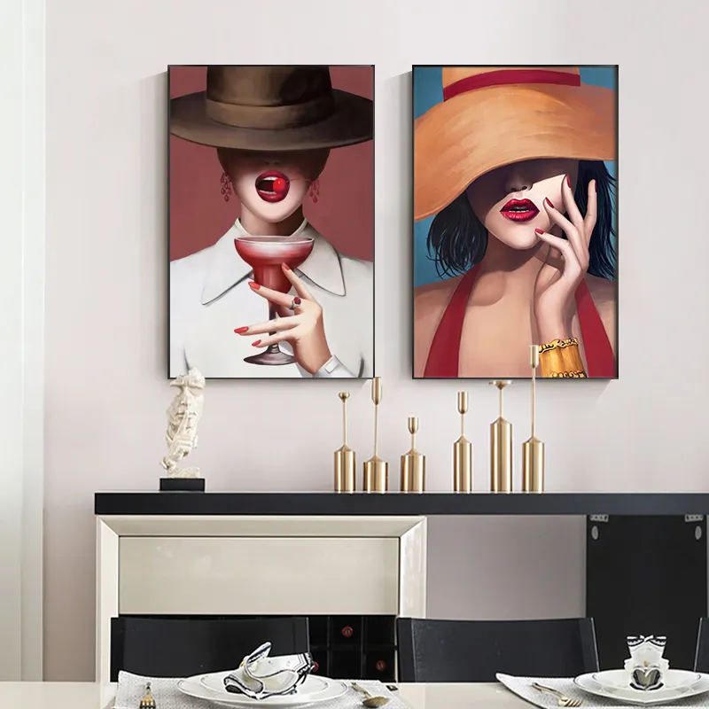 Thời Trang Phụ Nữ Với Hat Canvas Wall Art Đương Đại Trang Phục Hiện Đại Trang Trí Tường Red Lip Canvas In Phong Cách Bức Tranh Tường Nữ Tính