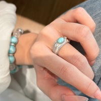 Bague de luxe vintage en turquoise brossée, avec bande épaisse en zircon, style rétro, pour femme, ensemble de bijoux pour doigt