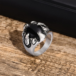 Fashion Fine Stainless Steel Geometric Black Glass <b>Bead</b> Dragon Claw Hoop Finger Rings - Product Image 3