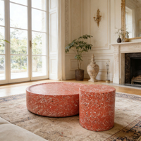 Table basse en terrazzo rouge de style nordique, table à thé ronde avec tabouret d'appoint, meubles de décoration moderne pour le salon