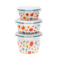 Ensemble de petits bols en céramique de style classique moderne avec couvercle en plastique motif végétal rond sous technique émaillée Assiette durable
