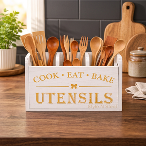 Boîte de rangement pour ustensiles en bois blanc rustique, 4 compartiments, porte-couverts de cuisine, support pour cuillères, fourchettes et couteaux sur comptoir - Product Image 3