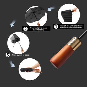 Parapluie pliable automatique anti-UV personnalisé en usine, économique, pour entreprise, 12 baleines, résistant au vent, manche en bois doré - Product Image 2