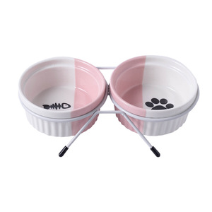 Bol double en céramique pour chats et chiens, avec support, plat de nourriture surélevé, mangeoire pour animaux de compagnie, forme arrondie, support pour le cou - Product Image 5