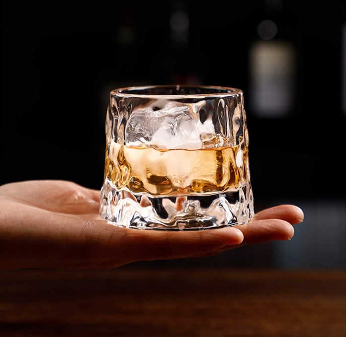 Spherical Bottom Rotatable Crystal Whiskey Glasses 5oz 3 PCS , for Drinking Whisky, Cocktails, Cognac (Strip/ Lattice/ Irregular