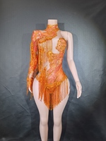 Justaucorps de Soirée Séduisant Coupe Évasée 7G à Épaule Unique, Costume de Danse Scénique pour Chanteuse et Danseuse avec Strass Bleus Scintillants et Franges