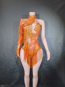 ชุดบอดี้สูททรงเอไลน์เซ็กซี่ 7G แบบไหล่เดียว สำหรับนักร้อง นักเต้น ประดับด้วยคริสตัลสีฟ้าระยิบระยับ พร้อมพู่ห้อย สำหรับการแสดงบนเวที - Product Image 3