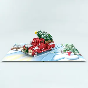 Low Price Factory Direct Sale Christmas Promotion Wholesale 3D Greeting Pop Up Wonderful Card Red Car With Pine Tree