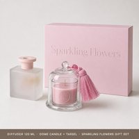 Coffret Cadeau Rose Double Porte avec Diffuseur à Bâtonnets, Bougie, Bouteille Transparente à Capuchon Argenté, Pierre de Cire Cœur, Rose et Ruban pour la Maison