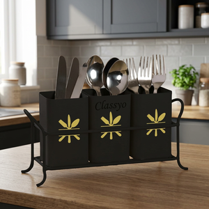 Porta Cubiertos Metálico Rectangular Negro con Diseño de Hoja Dorada, Moderno Organizador de Cocina, Tipo de Pie, Duradero - Product Image 1