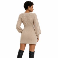 Robe pull personnalisée OEM & ODM pour femme, tricot pointelle, manches longues bouffantes, col en V, mode décontractée printemps-été, polyester, Vestidos Robe