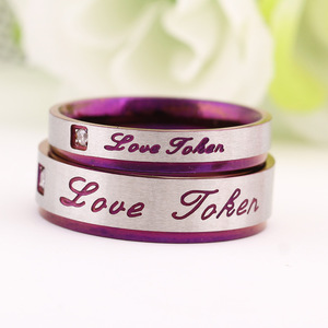 Anillos de Pareja de Acero Inoxidable con Diamante Morado Corte Princesa, Grabado de Amor, Regalo de San Valentín, Joyería Unisex - Product Image 2