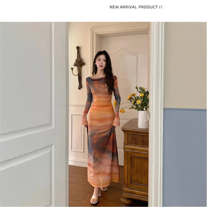 French Style Sunset Tie Dye Print Halter Neck Mesh Dress Tight Waist Elegant Slimming Orange Polyester Women's Sweater Dress - Product Image 1