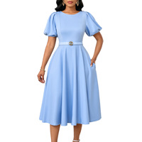 Robes décontractées tendance pour femmes, élégantes, couleur unie, manches courtes, plissées, robes de bureau pour femmes avec ceinture