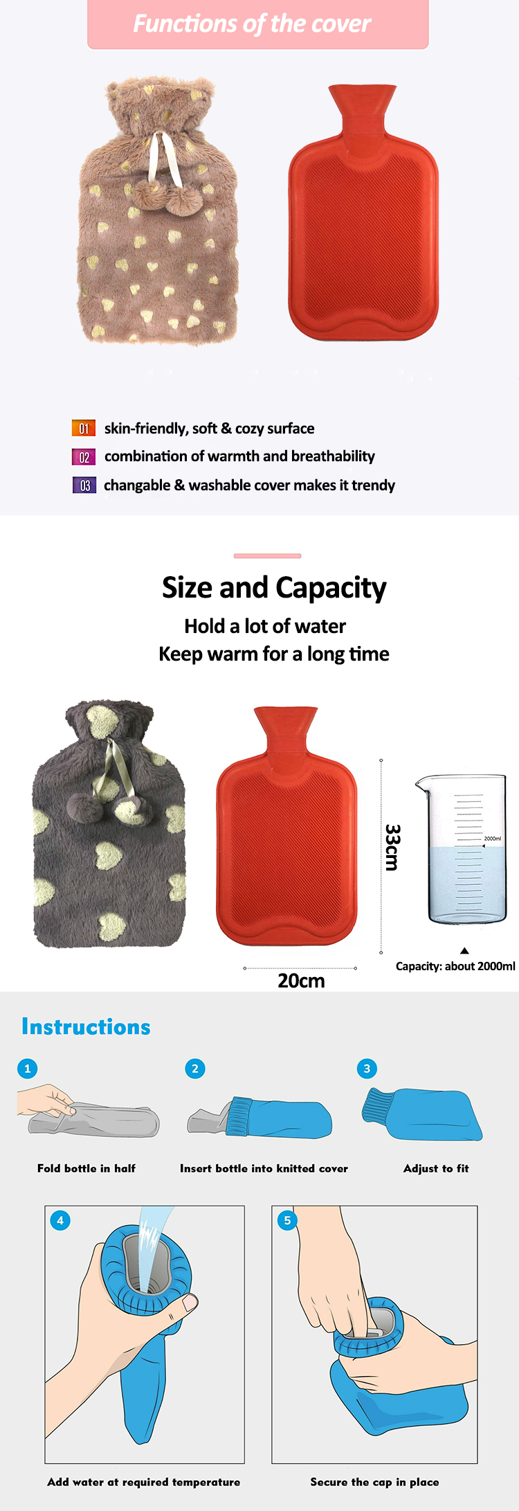 natural rubber hot and cold water bottle bag with soft fur cover for hot and cold therapy