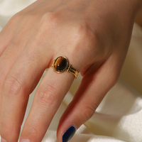 Edelstahl 18 Karat vergoldet breit verstellbar Schmuck Charm Oval Tiger Eye Stone Öffnungs ringe