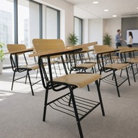 Chaise d'écolier avec assise en contreplaqué, tablette d'écriture et panier à livres