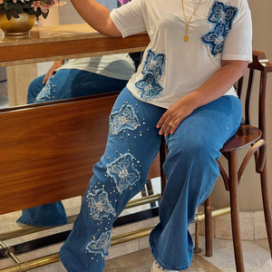 Jeans à jambes larges pour femmes grandes tailles <span class=keywords><strong>avec</strong></span> broderie florale exquise et perles, denim élégant, décontracté, à porter au quotidien, détails tendance - Product Image 4