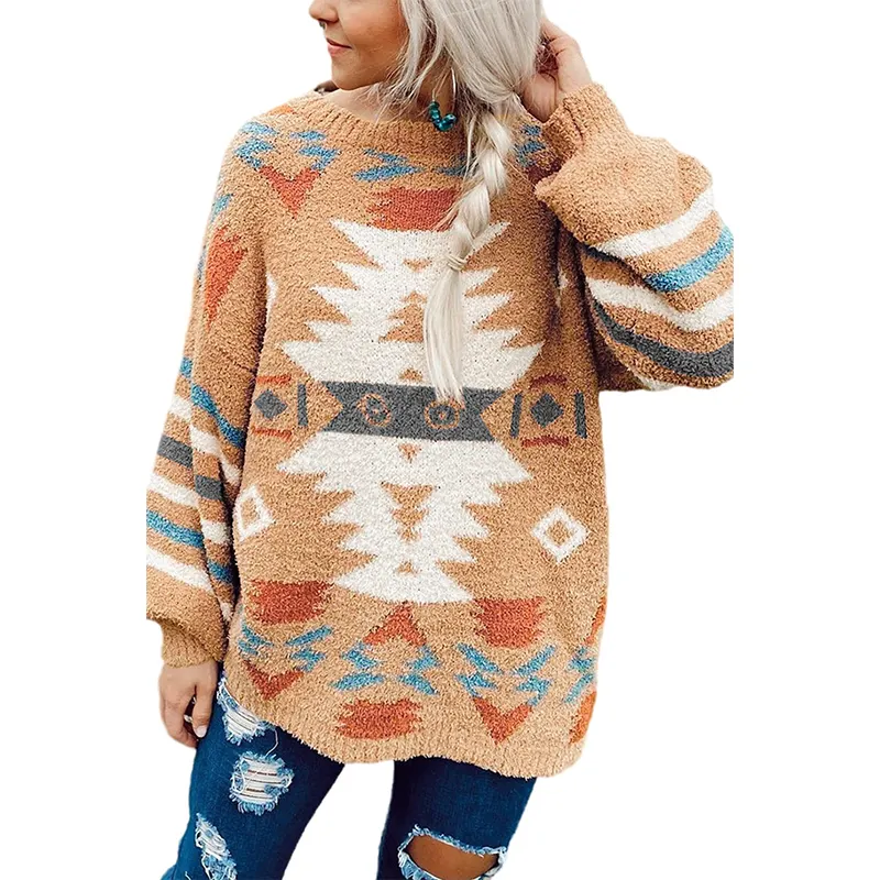 Wholesale Chompas Aztec Print Ladies Pullover Knitted Women Long Sleeve Sweaters
