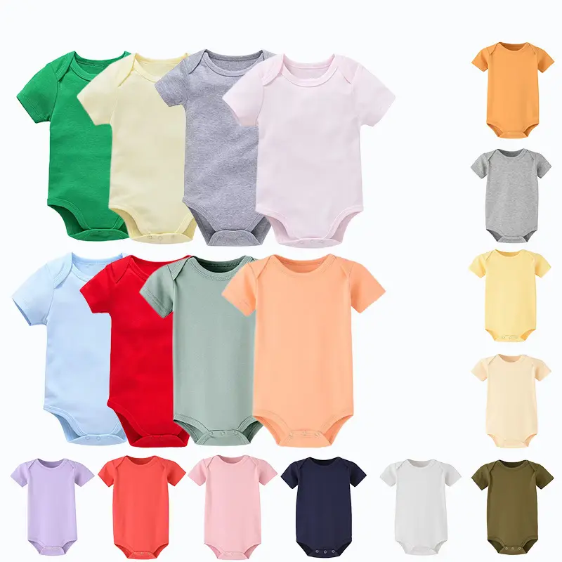 Bán Sỉ Áo Liền Quần Cotton Cotton Chải Kỹ Hữu Cơ Mùa Hè 100% Ngắn Tay Màu Trơn Cho Trẻ Em