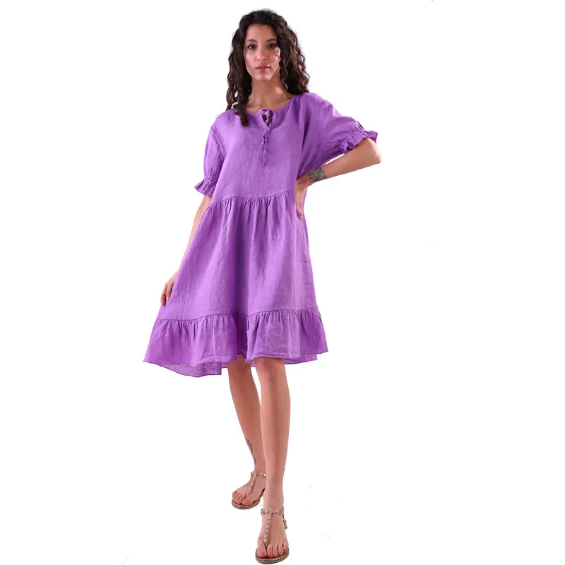 100% linen purple dresses women lady elegant made in italy