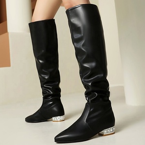 Bottes longues souples à talons carrés bas et bout pointu, grande taille 48, pour femmes, coupe large, plates, hauteur genou - Product Image 3