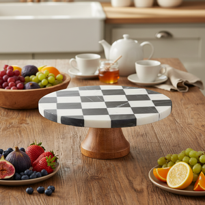 Moderno Alzatino <span class=keywords><strong>per</strong></span> <span class=keywords><strong>Torte</strong></span> a Scacchi Bianco e Nero <span class=keywords><strong>in</strong></span> Marmo con Base <span class=keywords><strong>in</strong></span> <span class=keywords><strong>Legno</strong></span>, Supporto Decorativo <span class=keywords><strong>per</strong></span> Dolci e Cupcake da Tavola - Product Image 3