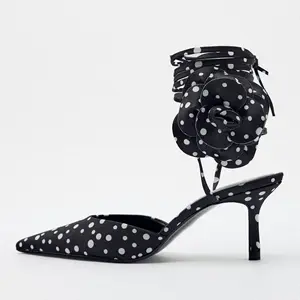 Polka Dot Big Flower Sexy Sandals medium heel shoes Party Womens Pointed Toe Slingback Cross Strap Medium Heel Summer Pumps