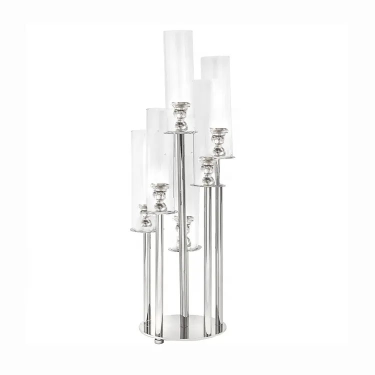 Tubo di vetro con gambo lungo alto 80cm di cristallo 7 braccia candelabri d'argento fornitore di decorazioni per eventi di nozze