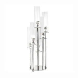 80cm tall long stemmed glass tube crystal 7 arms silver candelabra event wedding decoration supplier