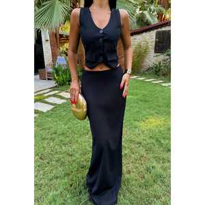 Ensemble décontracté d'été BLACK MAISIE : Gilet et jupe taille XL en Spandex avec col à nœud, longueur au-dessus du genou, personnalisable avec votre logo - Product Image 4