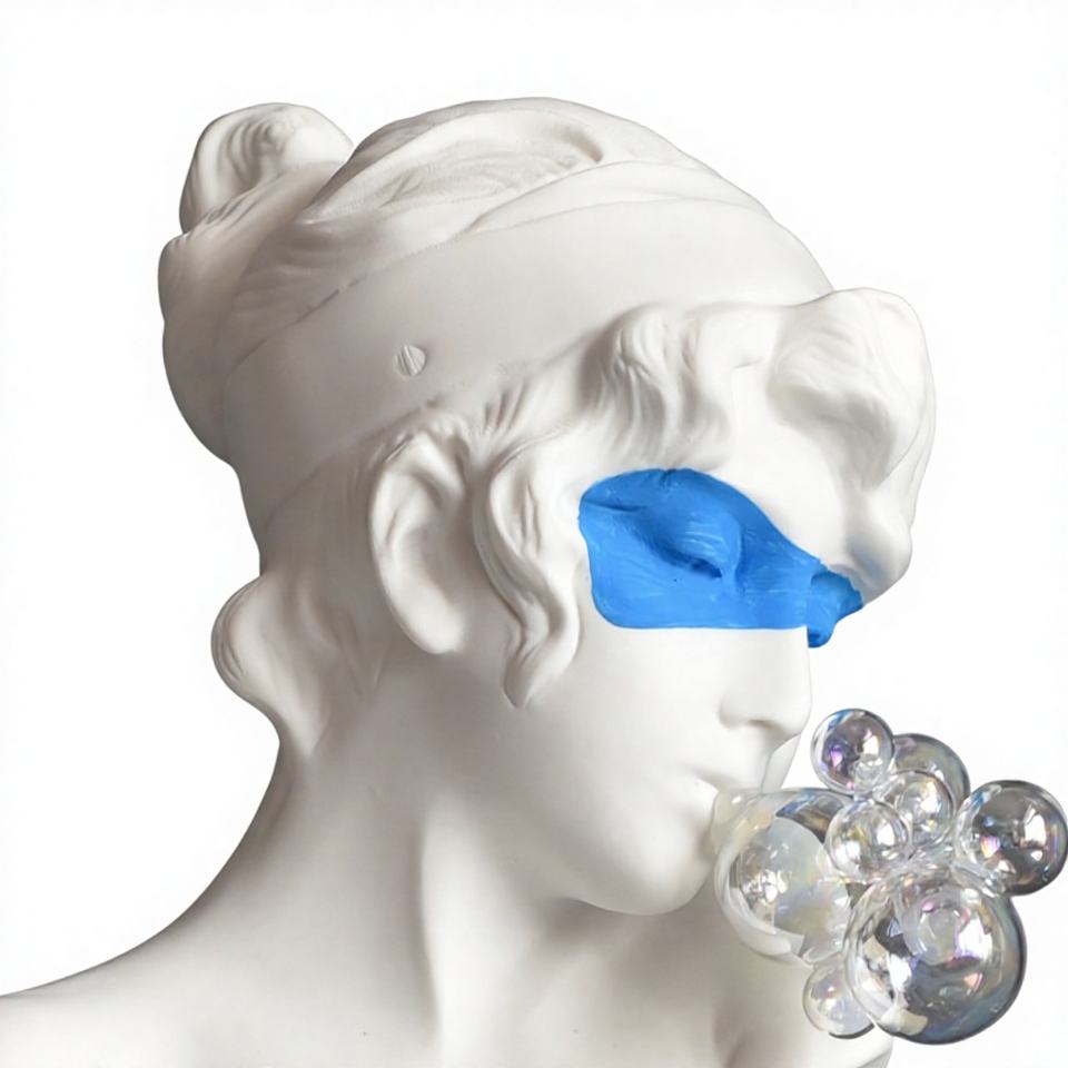 Blue Blindfolded Bubble Blowing Girl Resin Sculpture Marble Base Figure ...