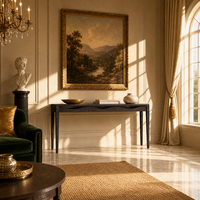 Table console élégante en bois de chêne naturel noir avec tiroirs, pieds coniques de luxe, quincaillerie métallique, taille personnalisée