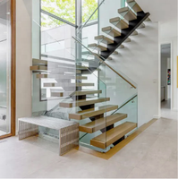 Kits d'escaliers droits intérieurs modernes de luxe à faire soi-même avec marches en acier et en bois, conception modulaire, garde-corps en verre écologique pour cuisine