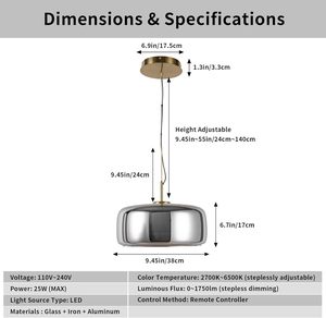 Lampe pendante moderne en verre à LED Télécommande réglable au plafond Éclairage moyen à gradation continue de la température de couleur - Product Image 3