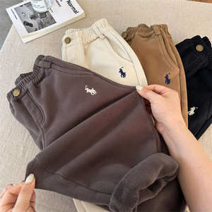 Boys' Casual Fleece Lined Pants Solid Color Cotton Knitted Winter 2024 Thickened Elastic Waist Long Trousers For Toddlers - Product Image 4
