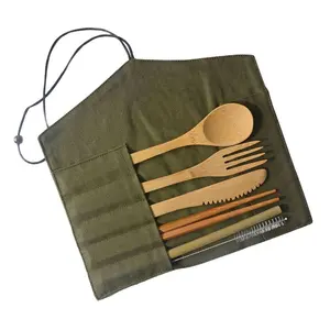 Eco-Friendly Wooden Outdoor Portable Reusable Zero Waste Utensils Travel Bamboo Cutlery Holiday gift Set