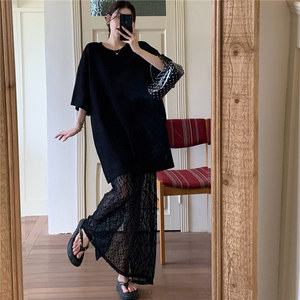 Haute qualité coréen plaine Maxi <span class=keywords><strong>robe</strong></span> surdimensionné longs <span class=keywords><strong>t</strong></span>-shirts décontracté é<span class=keywords><strong>t</strong></span>é Sexy plaine Patchwork dentelle <span class=keywords><strong>t</strong></span>-<span class=keywords><strong>shirt</strong></span> robes pour les femmes - Product Image 3