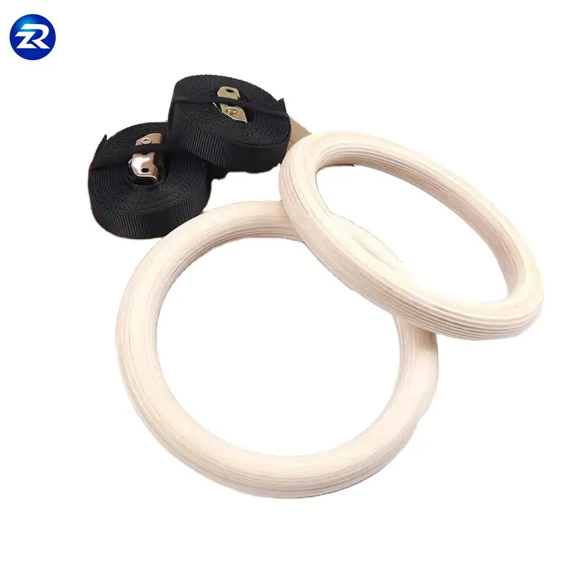 wholesale logo printed gymnastic rings with straps bodyweight strength training 28mm 32mm wooden gym ring