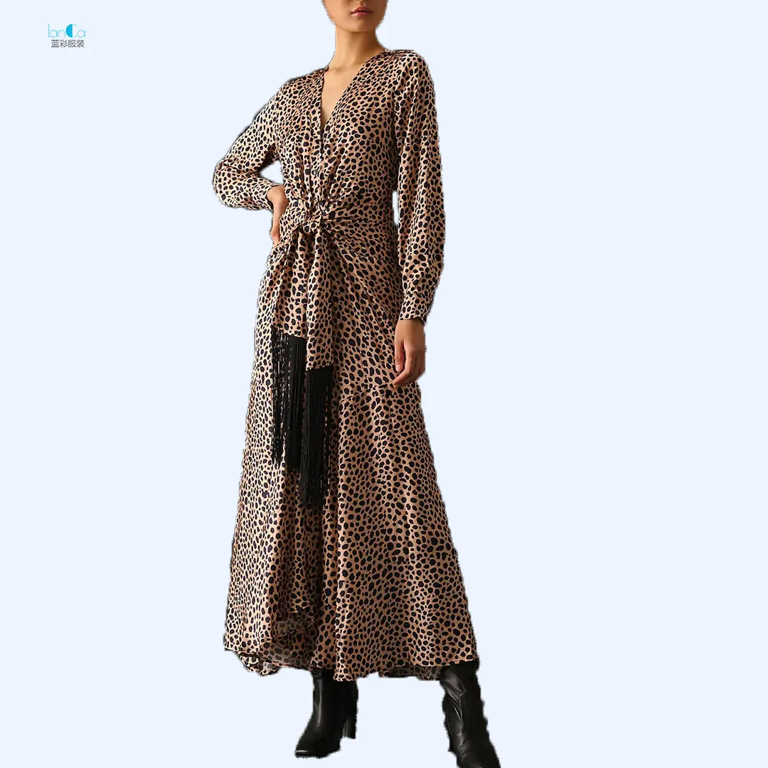 Fashion Paris Style Long Sleeve Leopard Printed Dresses Vintage Ruffle Casual Dresses Women Elegant Sexy V neck Woman Maxi Dress