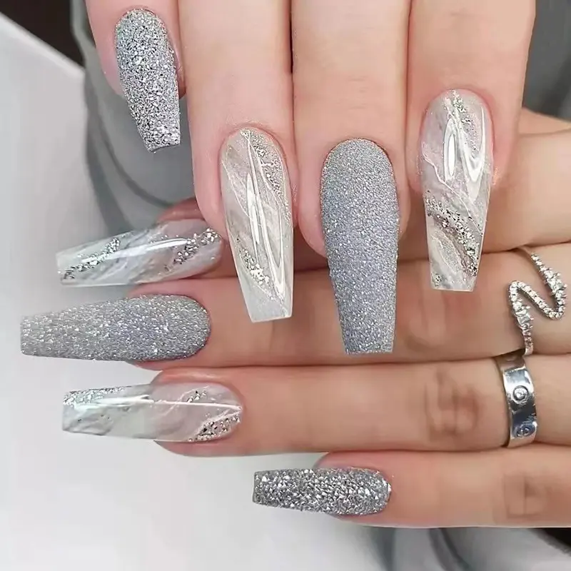 High Quality 24pcs Grey And White Marble Line Shiny Glitter Long Ballerina Luxury Press On Nails With Glue