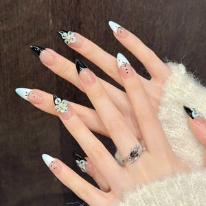 Ongles à presser 3D faits main extra longs, base nude transparente, dégradé noir et <span class=keywords><strong>bleu</strong></span> ciel, French manucure faite main, teinte pâle - Product Image 1