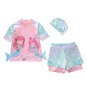 Maillot de bain deux pièces pour filles, style <span class=keywords><strong>sirène</strong></span>, avec haut à manches courtes, short et bonnet de bain - Product Image 4