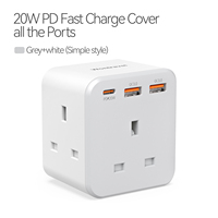 Enchufe de Pared Wontravel con 3 Tomas de Corriente Tipo UK, 1 Puerto USB-C de 20W con Carga Rápida PD y 2 Puertos USB, con PC Ignífugo
