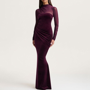 Vestido de Noche Formal para Mujer, Sin Tirantes, Manga Larga, de Terciopelo, Corte Sirena, Ajustado al Cuerpo, con Malla Transparente - Product Image 3