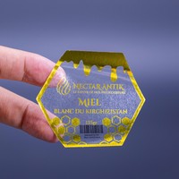 Étiquette personnalisée transparente en PET, hexagonale, avec impression métallique dorée, pour pot de miel, pot en verre, avec estampage à chaud doré et bordure dorée, MOQ 100 pièces